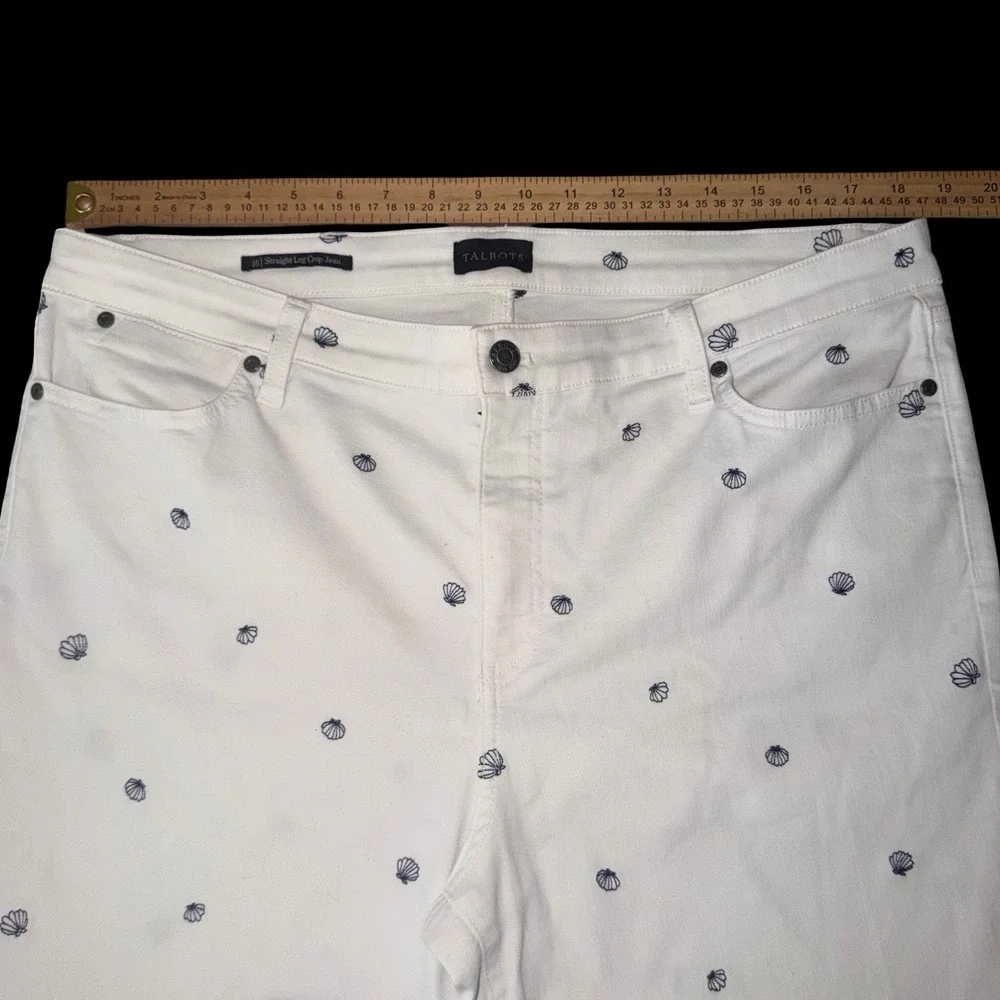 Talbots Crop Straight Leg Jeans White Sz 16 Embroidered Seashells Coastal Beachy